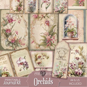 Orchids Junk Journal Kit, Printable, Flower Journal, Watercolor, Floral Digital Paper, Vintage Paper, Scrapbook, Collage, Download