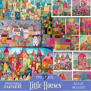 Houses Junk Journal Kit, felle kleuren, grillige achtergrond, huis, kleurrijk, plakboek, collage, digitale download, leuk dagboek, kinderen
