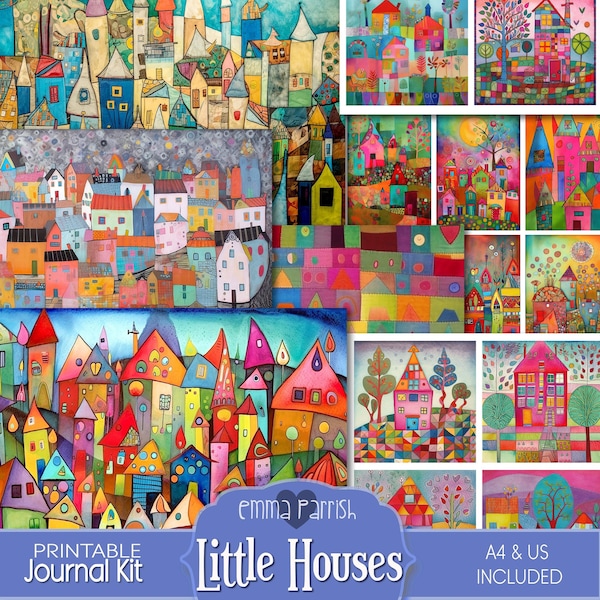 Houses Junk Journal Kit, Bright Colors, Whimsical Background, house, Colorful, Scrapbook, Collage, Digital Download, Fun Journal, Kids