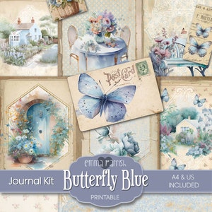 Blue Butterfly Junk Journal Kit, Butterflies Journal, Vintage, Watercolor, Digital Paper, Printable Paper, Blue Digital Download, Scrapbook