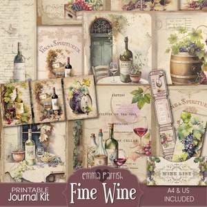 Wine Junk Journal Kit, afdrukbaar, cadeau wijnliefhebber, vintage, wijnmakerij, armoedig, wijngaard, Franse digitale ephemera, druiven, benodigdheden voor junkjournal