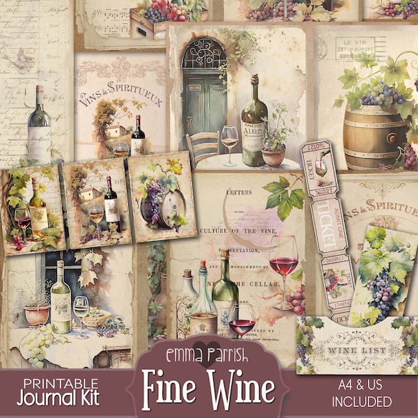 Wine Junk Journal Kit, Printable, Wine Lover Gift, Vintage, Winery, Shabby, Vineyard, French Digital ephemera, Grapes, Junk Journal Supplies