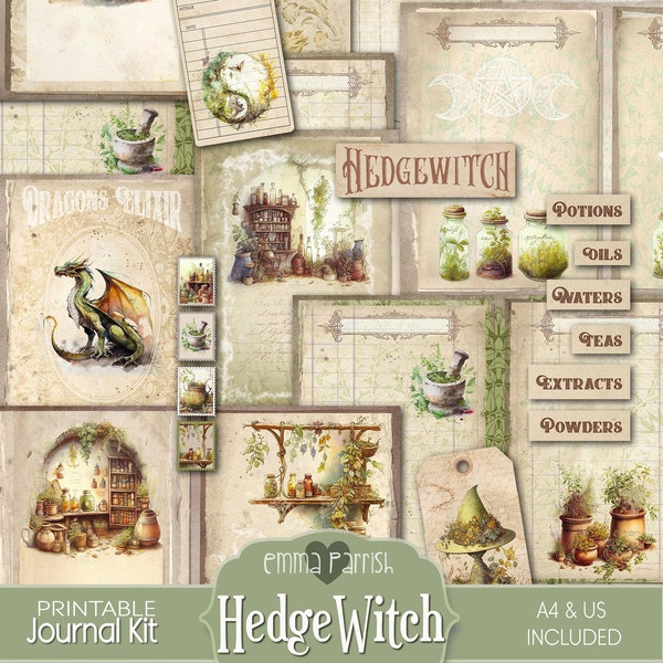 HedgeWitch Junk Journal Kit, Kitchen Witch, Junk Journal Pages, Journal Supplies, Witchy Ephemera, Journal Printable, Wiccan, Pagan Grimoire