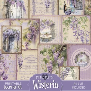 Wisteria Junk Journal Kit, Purple Printable, Shabby Vintage French Chic, Flowers, Botanical, Digital Paper, Ephemera, Download, Scrapbook