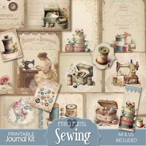 Sewing Junk Journal Printable Kit, Seamstress, Flowers, Fabric, Patchwork, Lace, Vintage, Sewing Machine, Floral, Digital Download