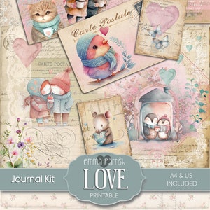 Love Junk Journal Kit, Cute, Pink, Watercolor, Fairy, Pastel, vintage, animals, birds, Digital, Printable, Cute Hygge, Cards