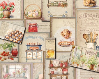 May include: A printable journal kit with a vintage kitchen theme. The kit includes images of a vintage stove, jars of jam, a teapot, a pie, and other kitchen items. The text "Grandmas Kitchen" is featured in the center of the image.