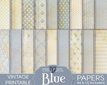 Shabby Blue Patterned Printable Papers, Vintage Junk Journal, Scrapbook, Collage, Memory Album, Papercrafts, decoupage, Antique Pages