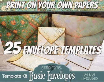 25 Printable Envelope Template Kit, Junk Journal Ephemera, Card Making, Invitation, Add on, Insert, Papercraft, Folio, Scrapbook Collage,