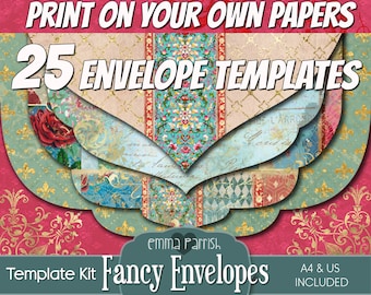 25 Printable Envelope Template Kit, Junk Journal Ephemera, Card Making, Fancy, Scalloped. Invitation, Add on, Insert, Wallet template