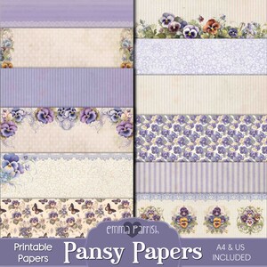 Könnte beinhalten: Druckbare digitale Papiere mit einem Stiefmütterchen-Blütenthema. Die Papiere umfassen eine Vielzahl von Designs, darunter Blumenmuster, Streifen und Spitze. Die Papiere sind perfekt für Scrapbooking, Kartenherstellung und andere Bastelprojekte. Emma Parrish Pansy Papers A4 & US Included.