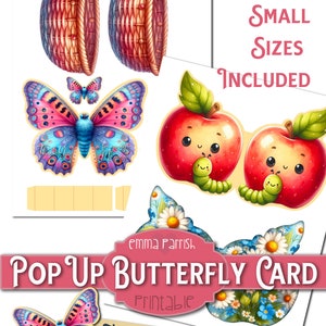 May include: Printable pop-up butterfly card featuring a colourful butterfly, two red apples with green leaves and a worm, and a basket. The card reads "Pop Up Butterfly Card" and "Thank You".