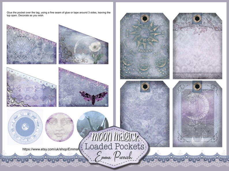 Bolsillos imprimibles vintage de la Luna, complemento para el kit de diario de la Luna, papel gótico imprimible, creación de tarjetas, Folio mágico de la Luna imagen 4