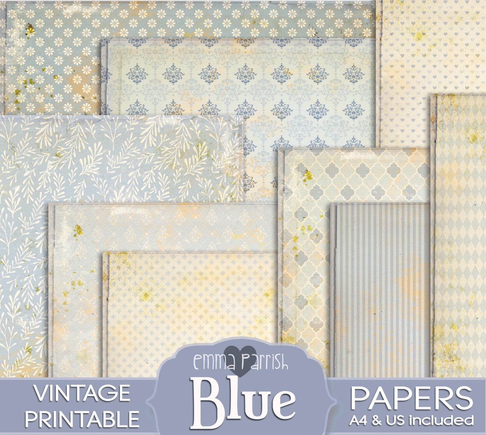 Memory Backing Paper Shabby Blue Patterned Printable Papers, Vintage Junk Journal, Scrapbook ...