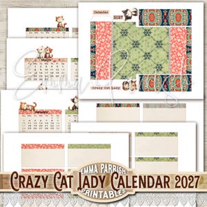 May include: A 2027 printable calendar set featuring illustrations of cats, floral patterns, and geometric designs in shades of red, green, and cream. The pages include monthly grids, decorative borders, and the text Crazy Cat Lady Calendar 2027.
