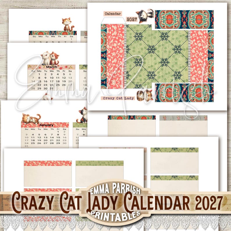 May include: A 2027 printable calendar set featuring illustrations of cats, floral patterns, and geometric designs in shades of red, green, and cream. The pages include monthly grids, decorative borders, and the text Crazy Cat Lady Calendar 2027.