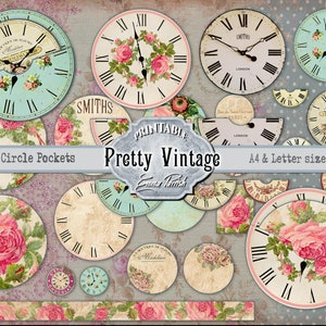 Puede incluir: Diseños de esfera de reloj vintage imprimibles con rosas rosas y fondo azul claro. Los diseños están en formato de círculo anidado e incluyen tamaños A4 y carta. El texto "Pretty Vintage" está incluido en la imagen.