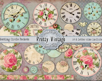 Pretty Vintage Circle Printable Pocket Tag kit, Junk Journal Nesting Circular Pockets Pack, Shabby Chic Ephemera Round Pockets Set,