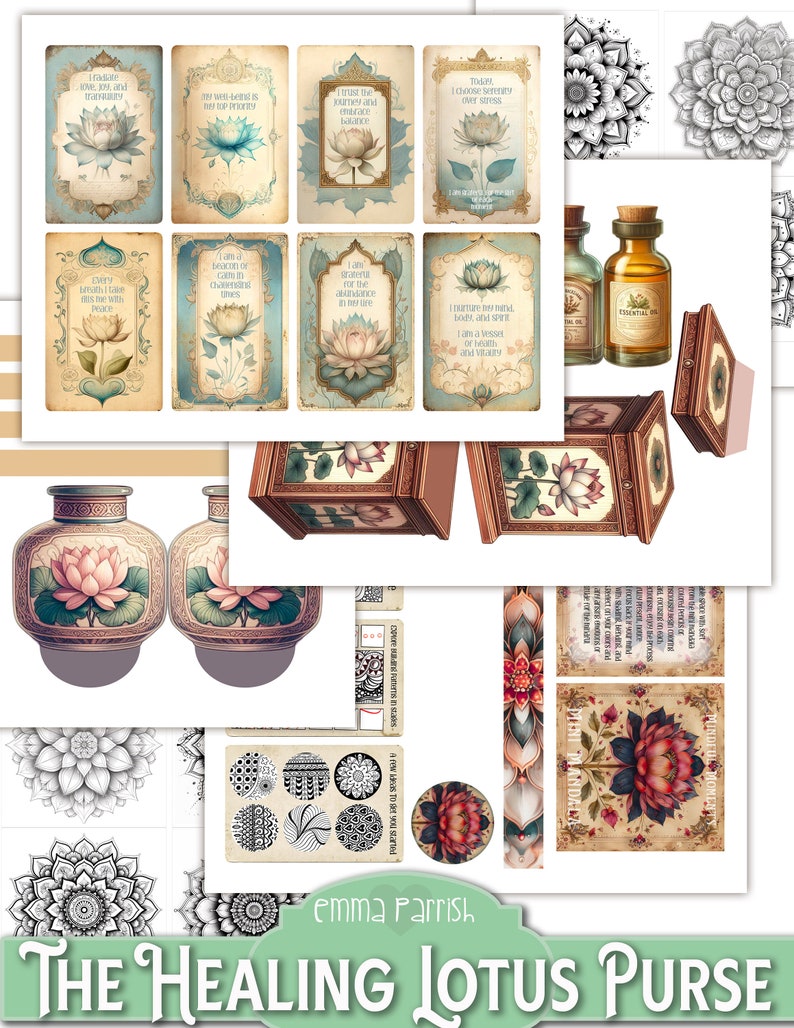 Healing Lotus Printable Junk Journal Folio, Wellness, Gesundheit, Dankbarkeit Journal, 10 interaktive Papercraft Projekte, Brieftasche, Kartenherstellung Bild 10