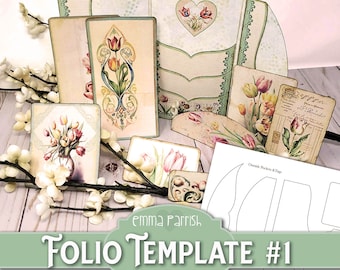 May include: Printable folio template featuring a floral design. The template includes a variety of shapes and sizes for creating a unique folio. The text "FOLIO TEMPLATE #1 Printable" is visible on the template.