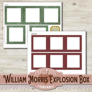 May include: Printable William Morris Explosion Box craft template with green and red patterned paper squares. The template includes instructions for assembling a box with multiple layers.