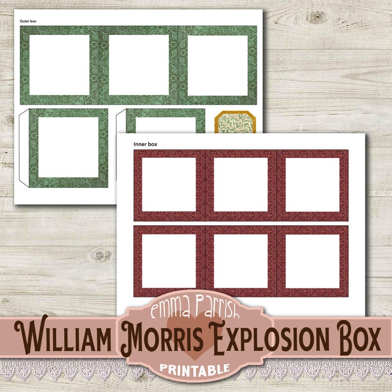 May include: Printable William Morris Explosion Box craft template with green and red patterned paper squares. The template includes instructions for assembling a box with multiple layers.