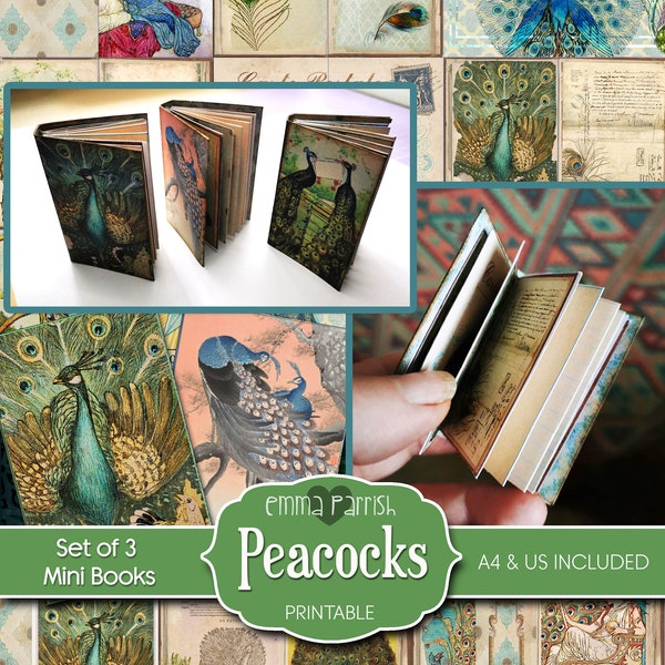 Peacock Miniature Book Printable kit, Junk Journal Vintage Ephemera, Mini Book, Tiny Book, Memory Book Scrapbook Collage, 3 Book Set