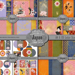 Japanese Printable Junk Journal Kit, Oriental Digital Printable Papers, Colorful Digital Pages, Japanese Scrapbook Collage, Gold, Washi