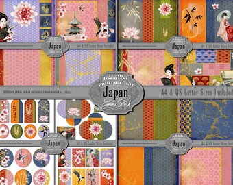 Japanese Printable Junk Journal Kit, Oriental Digital Printable Papers, Colorful Digital Pages, Japanese Scrapbook Collage, Gold, Washi
