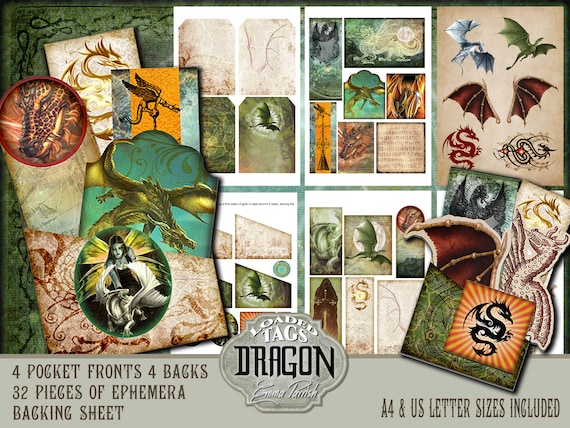 Dragon Printable Loaded Pockets, Dragon Junk Journal add on, Fantasy Printable Tags, Mythical Scrapbook Collage Card Making, Dragon Stickers