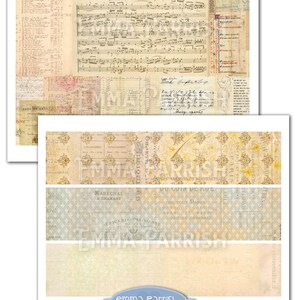 May include: A digital paper pack with a vintage aesthetic. The pack includes a variety of papers with different patterns and textures, including floral patterns, music sheets, and French text. The papers are in shades of cream, beige, and blue.