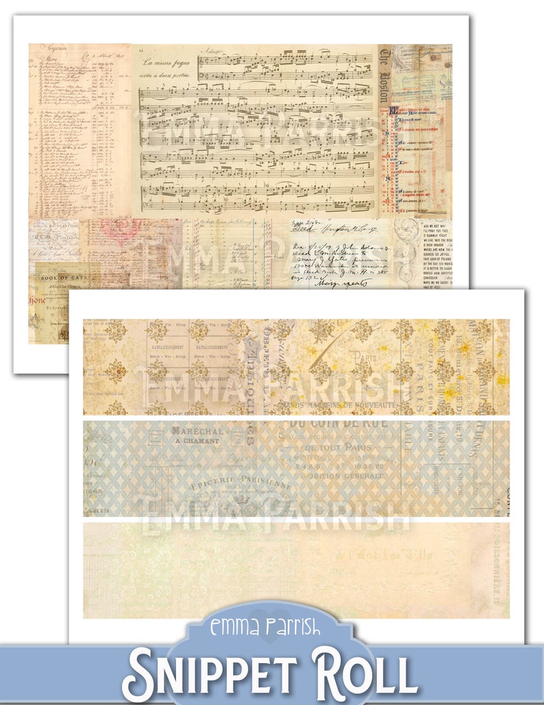 May include: A digital paper pack with a vintage aesthetic. The pack includes a variety of papers with different patterns and textures, including floral patterns, music sheets, and French text. The papers are in shades of cream, beige, and blue.