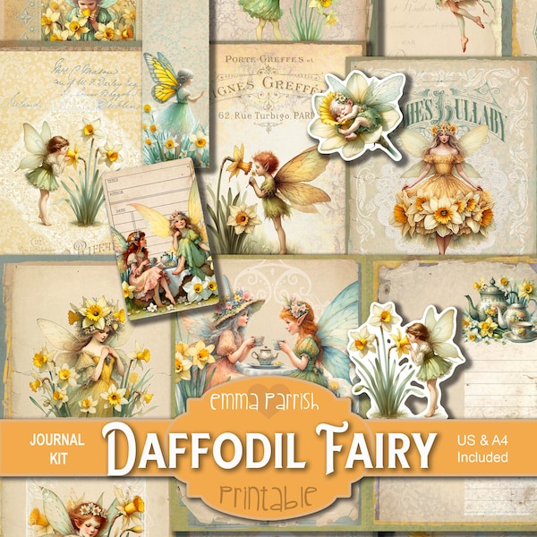 Daffodil Fairies Printable Journal Kit, Flower Fairy Whimsical Floral Digital Download, Junk Journal, Scrapbooking, Crafting, Fairy Clipart