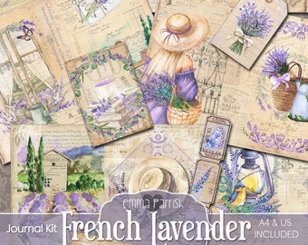 May include: A printable journal kit with a French lavender theme. The kit includes images of lavender flowers, a birdhouse, a vintage lantern, a woman in a hat, and a window with a view of a lavender field. The kit is available in A4 and US letter sizes.