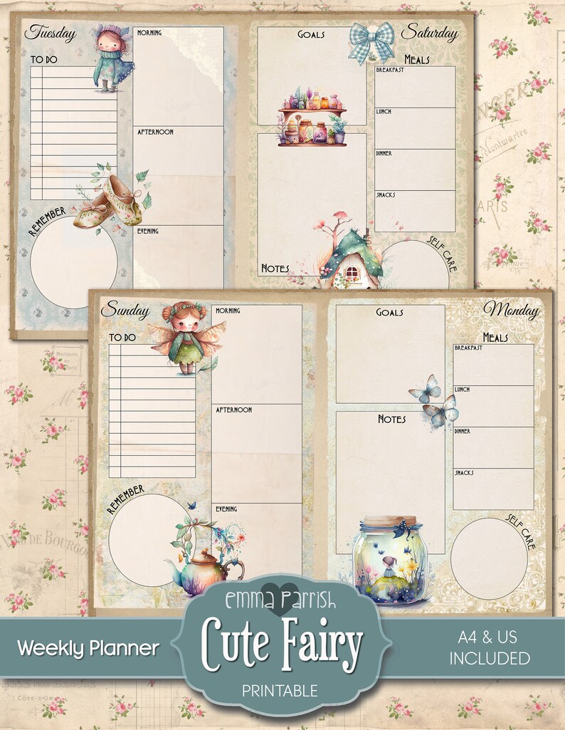 May include: A printable weekly planner with a cute fairy theme. The planner features illustrations of fairies, a teapot, a jar with a fairy inside, and a house. The planner is designed for A4 and US letter sizes.
