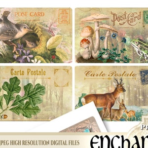 May include: Four vintage postcard designs featuring nature scenes. The top left postcard shows a bird in a nest with a baby bird. The top right postcard shows mushrooms and a frog. The bottom left postcard shows a green oak leaf. The bottom right postcard shows a deer and a fawn.