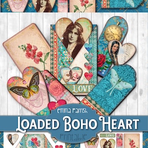 Pochette chargée Boho, carte de la Saint-Valentin imprimable, complément pour journal indésirable Boho, étiquettes bohèmes, fabrication de cartes collage album coloré, autocollants bohèmes