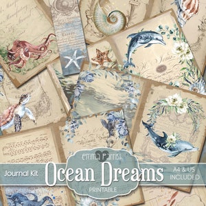 Ocean Junk Journal Kit, Nautical Blue Digital Paper Printable, Dolphin, Marine, Aquatic Vintage Ephemera Pages, Digital Scrapbook Collage