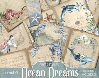Ocean Junk Journal Kit, Nautical Blue Digital Paper Printable, Dolphin, Marine, Aquatic Vintage Ephemera Pages, Digital Scrapbook Collage