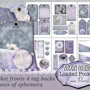 Vintage maan afdrukbare geladen zakken, Moon Junk Journal kit add-on, Gothic papier afdrukbaar, kaarten maken, Moon Magic Folio