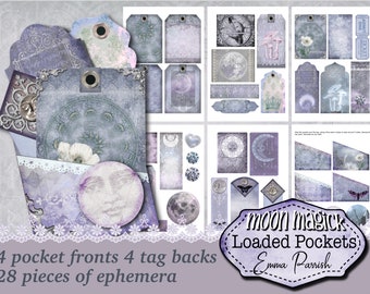 May include: A set of 28 digital printable ephemera for scrapbooking and crafting. The ephemera features a moon and stars theme with a purple and gray color scheme. The set includes 4 pocket fronts, 4 tag backs, and 20 other pieces of ephemera. The text on the image reads "moon magick Loaded Pockets Emma Parrish".