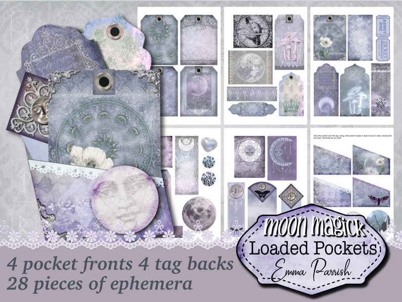 Puede incluir: Un conjunto de 28 elementos de ef&iacute;meras digitales imprimibles para scrapbooking y manualidades. Las ef&iacute;meras presentan un tema de luna y estrellas con un esquema de colores morado y gris. El conjunto incluye 4 frentes de bolsillo, 4 respaldos de etiquetas y 20 otros elementos de ef&iacute;meras. El texto en la imagen dice "moon magick Loaded Pockets Emma Parrish".