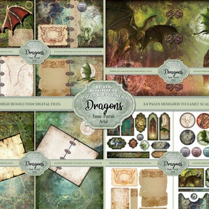May include: A digital scrapbooking kit featuring dragons, journal pages, and embellishments. The kit includes a variety of images, including dragons, wings, and other fantasy elements. The kit is designed to be used with digital scrapbooking software.