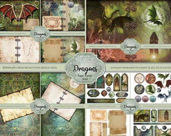 Dragon Printable Junk Journal Kit, Ephemera, Fantasy, Mythical, Gothic, Wicca, Pagan, Vintage Pages, Scrapbook Papercraft Set