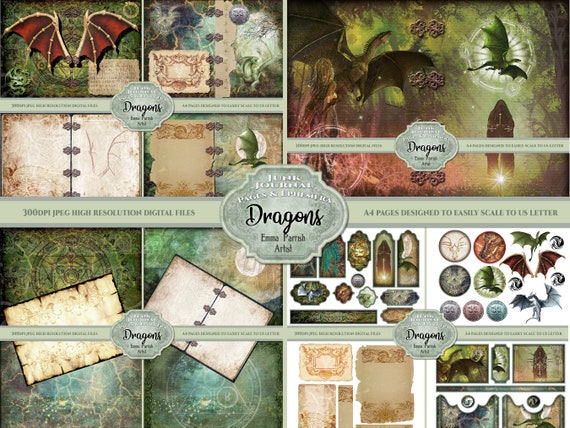 Dragon Printable Junk Journal Kit, Ephemera, Fantasy, Mythical, Gothic, Wicca, Pagan, Vintage Pages, Scrapbook Papercraft Set