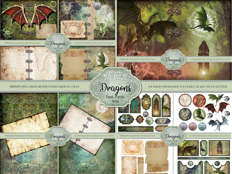 May include: A digital scrapbooking kit featuring dragons, journal pages, and embellishments. The kit includes a variety of images, including dragons, wings, and other fantasy elements. The kit is designed to be used with digital scrapbooking software.