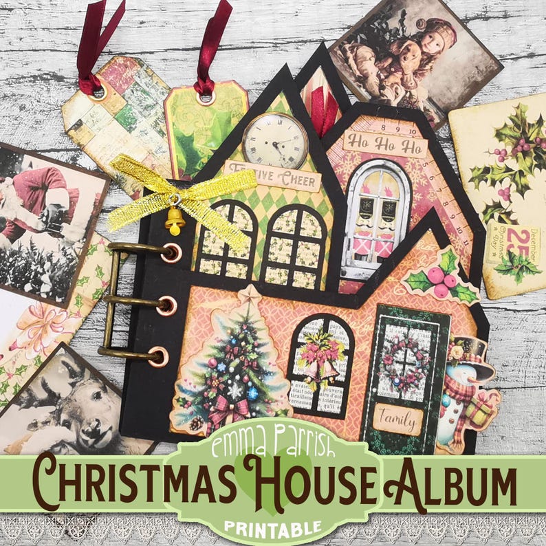 May include: Printable Christmas house album with a festive design. The album features a house with a clock, a door, and windows. The house is decorated with holly, bells, and a snowman. The album is titled "Christmas House Album" and "Printable".