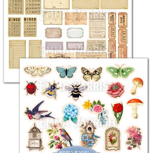 May include: A digital paper pack with a vintage aesthetic featuring images of butterflies, birds, flowers, and mushrooms. The pack also includes vintage-style bingo cards, tickets, and postcards.
