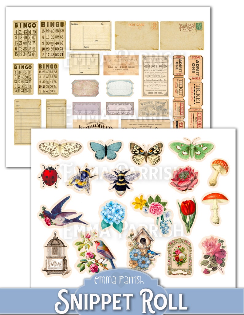 May include: A digital paper pack with a vintage aesthetic featuring images of butterflies, birds, flowers, and mushrooms. The pack also includes vintage-style bingo cards, tickets, and postcards.