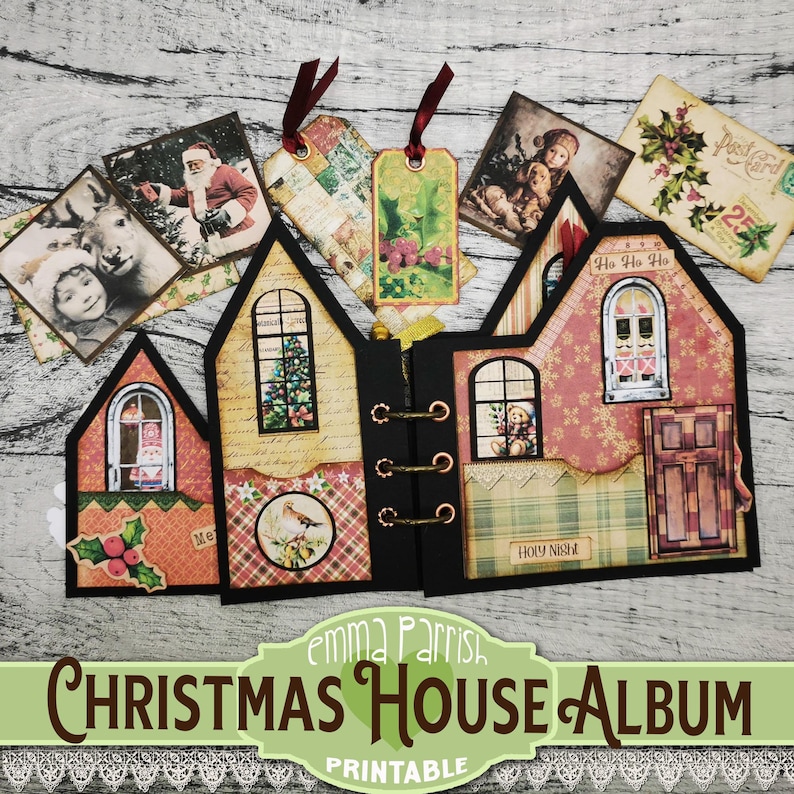 May include: A printable Christmas house album with a red and green color scheme. The album is decorated with various Christmas-themed images, including Santa Claus, a Christmas tree, and a holly sprig. The album is titled "Christmas House Album" and has the words "Emma Parrish" and "Printable" printed on it.
